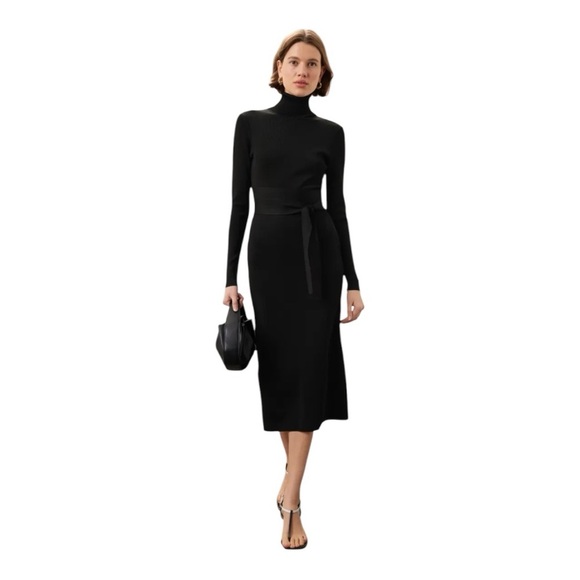 Toccin Racer Midi Dress Back Cutout Turtleneck Long Sleeves Black Ponte Knit S - Picture 3 of 10